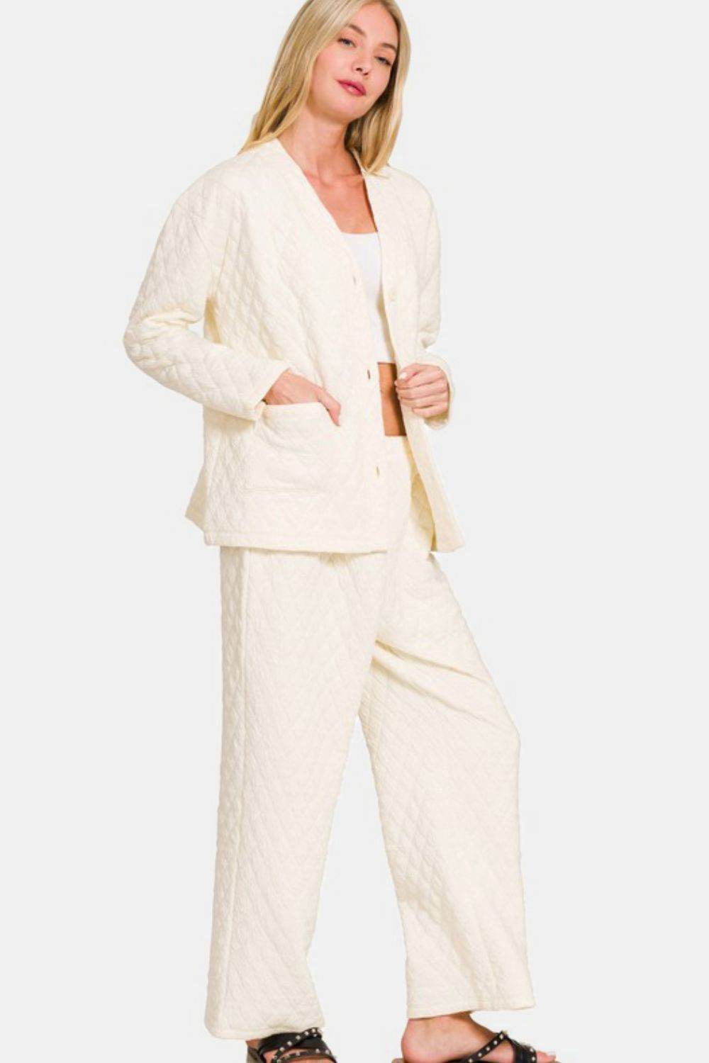 Zenana Quilted Button Up Long Sleeve Top and Pants Lounge Set - Hovatok