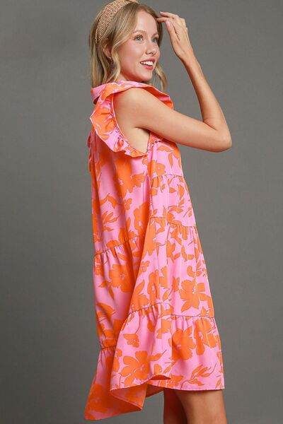 Umgee Full Size Floral Print Ruffle Cap Sleeve Tiered Dress Plus Size - Hovatok