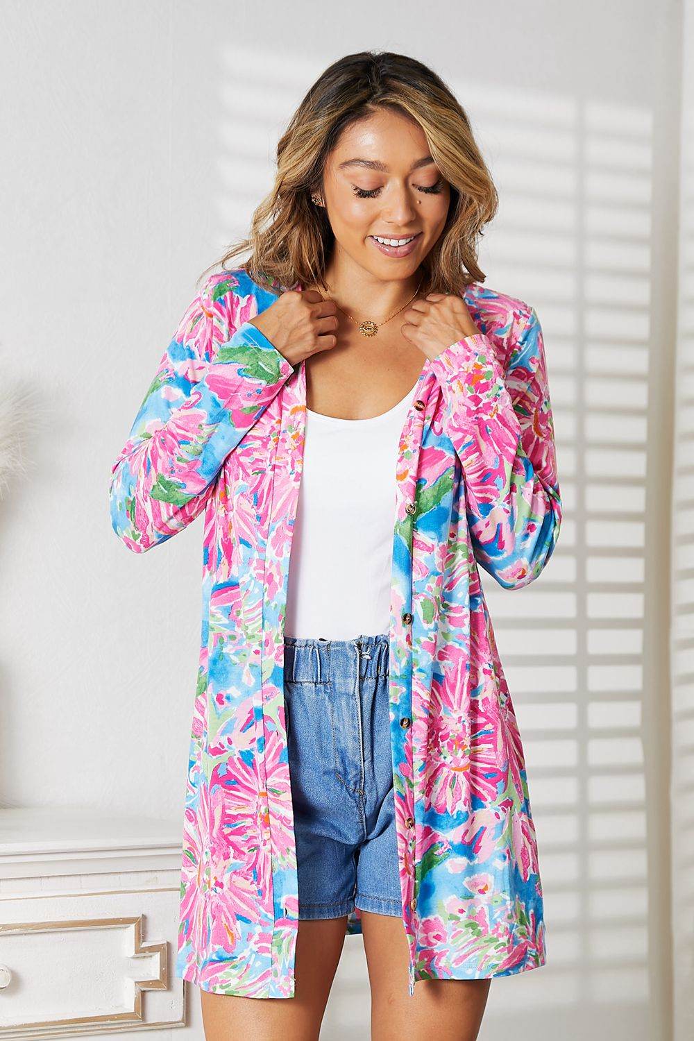 Double Take Floral Open Front Long Sleeve Cardigan - Hovatok