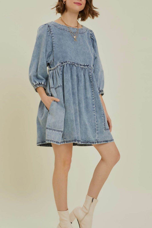 Cutout Round Neck Balloon Sleeve Denim Dress - Hovatok