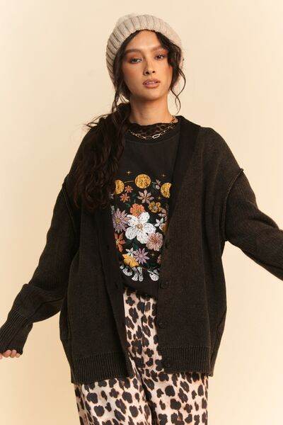 Davi & Dani Shawl Collar Ribbed Detail Button Up Cardigan - Hovatok