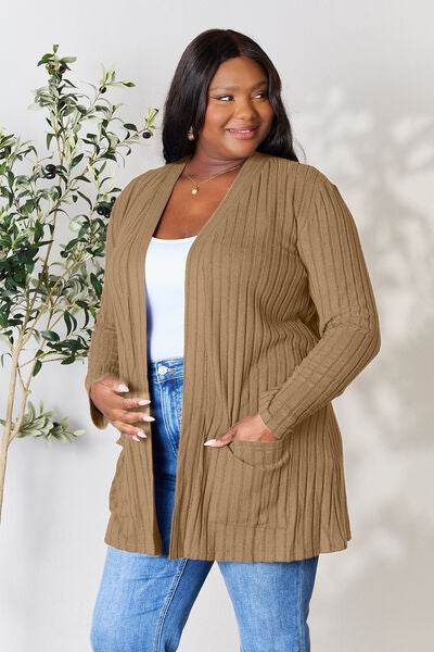 Basic Bae Full Size Ribbed Open Front Cardigan with Pockets - Hovatok