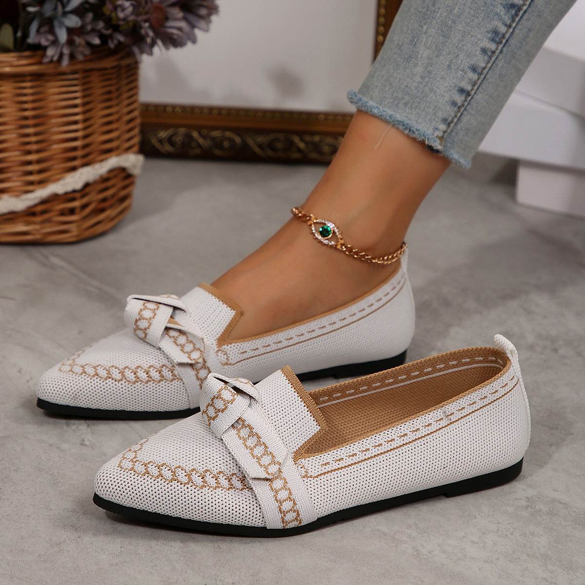 knitted Slip-On Flats with Bow - Hovatok