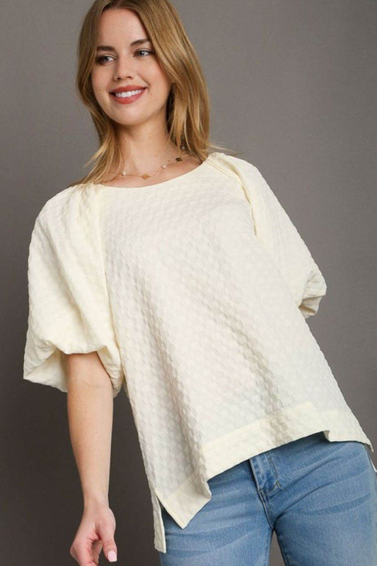 Umgee Full Size Boxy Cut Jacquard Round Neck Top with Side Slit Plus Size - Hovatok