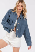 bytos Button Down Cropped Denim Jacket with Patch Pockets - Hovatok