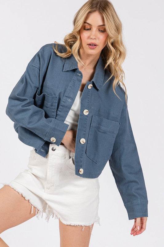 bytos Button Down Cropped Denim Jacket with Patch Pockets - Hovatok