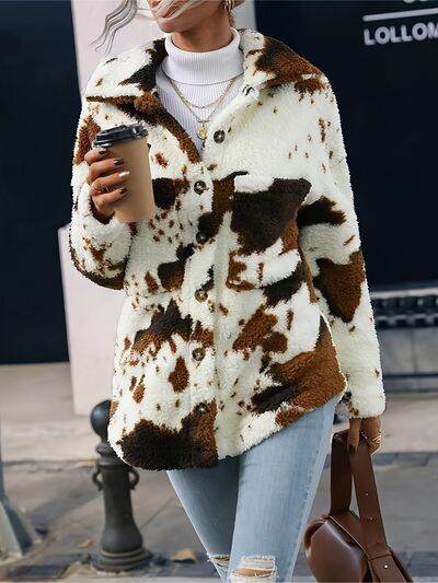 Cow Print Collared Neck Button Up Fuzzy Jacket - Hovatok