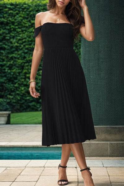 Perfee Pleated Off-Shoulder Midi Dress - Hovatok