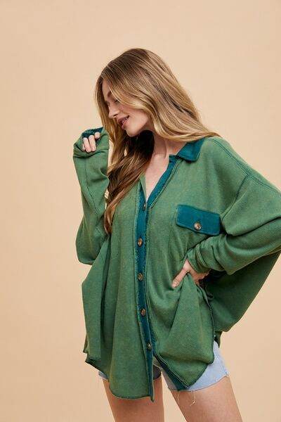 Annie Wear Waffle-Knit Mineral Washed Button Down Shirt - Hovatok