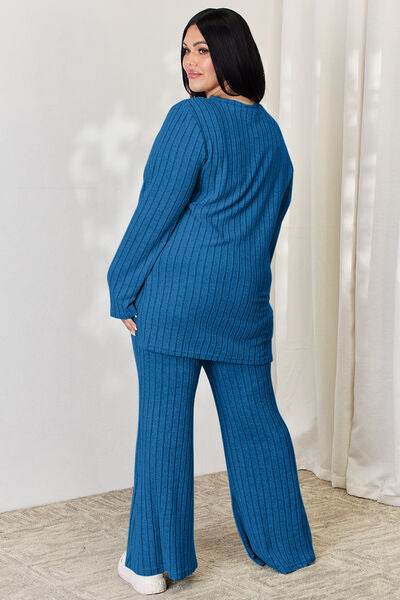 Basic Bae Full Size Ribbed High-Low Top and Wide Leg Pants Set - Hovatok