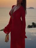 Slit Plunge Flare Sleeve Cover-Up Dress - Hovatok