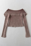 Double Take Ribbed Off-Shoulder Zip Up Long Sleeve Cardigan - Hovatok