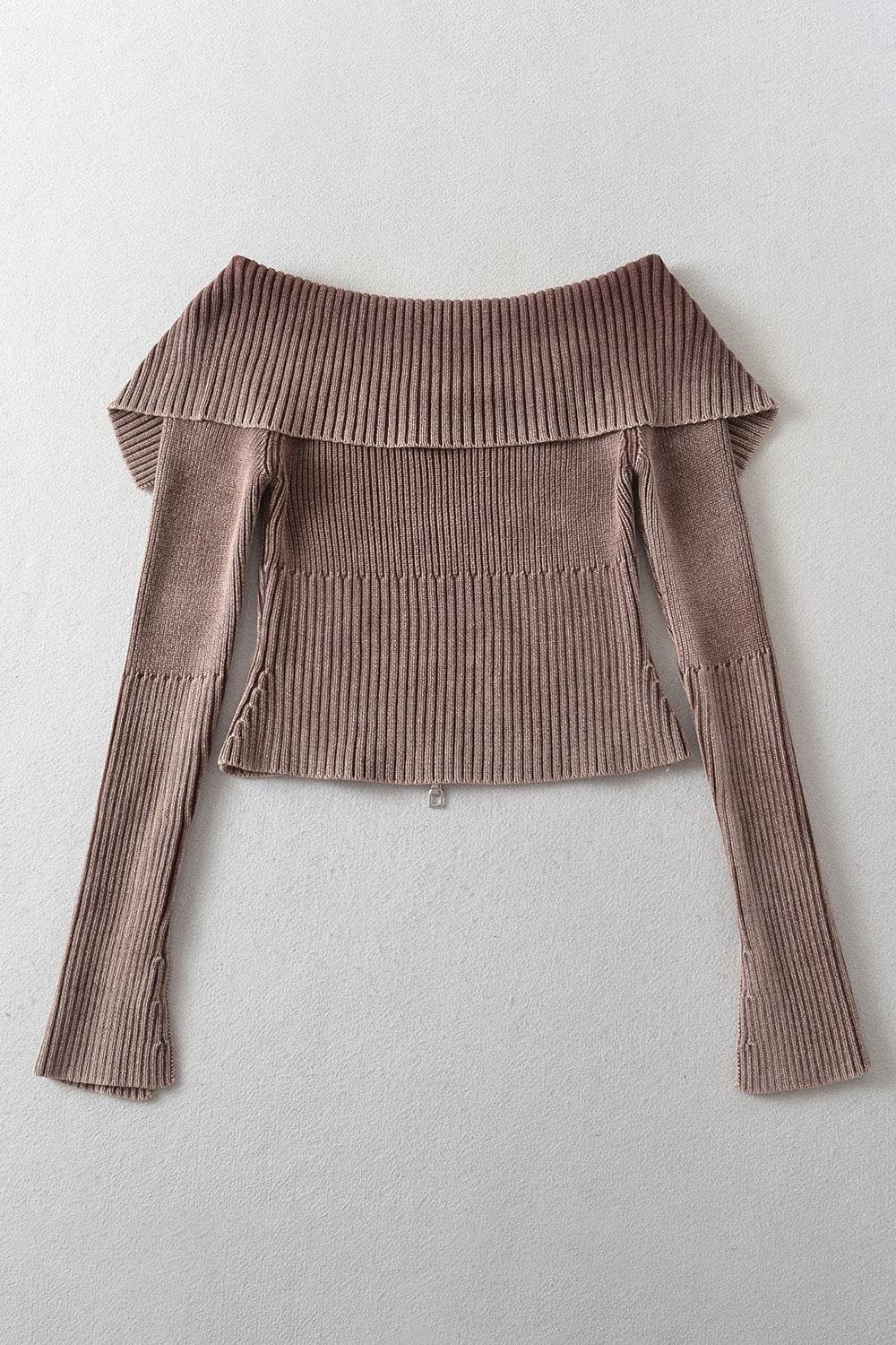 Double Take Ribbed Off-Shoulder Zip Up Long Sleeve Cardigan - Hovatok