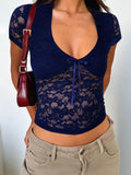 Devine V-Neck Short Sleeve Lace Top - Hovatok