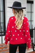 Angel Wings Woven Right Polka Dot Round Neck Dropped Shoulder Sweater - Hovatok