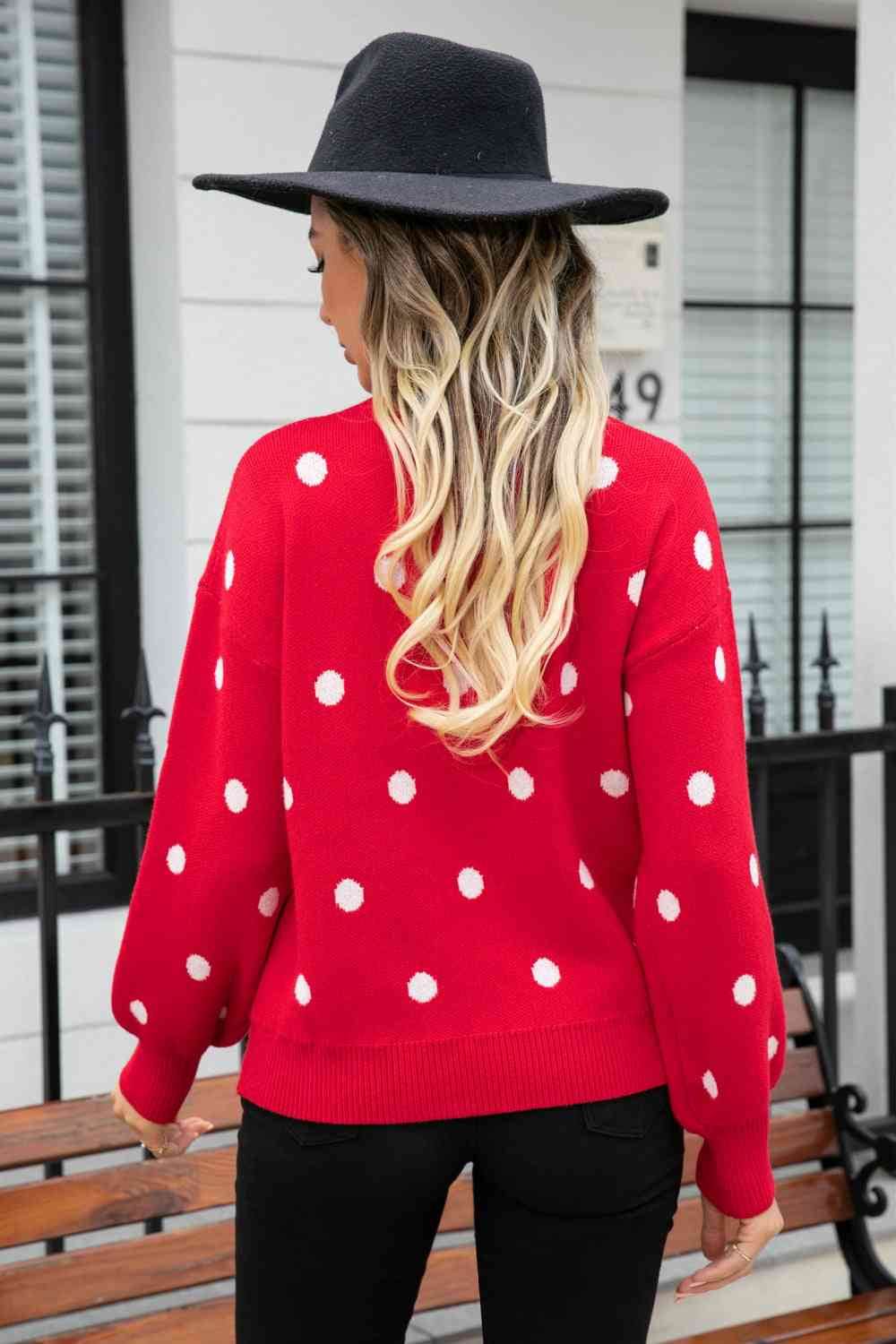 Angel Wings Woven Right Polka Dot Round Neck Dropped Shoulder Sweater - Hovatok