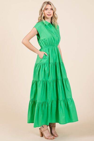 Mittoshop Button Up Collared Tiered Maxi Shirt Dress - Hovatok