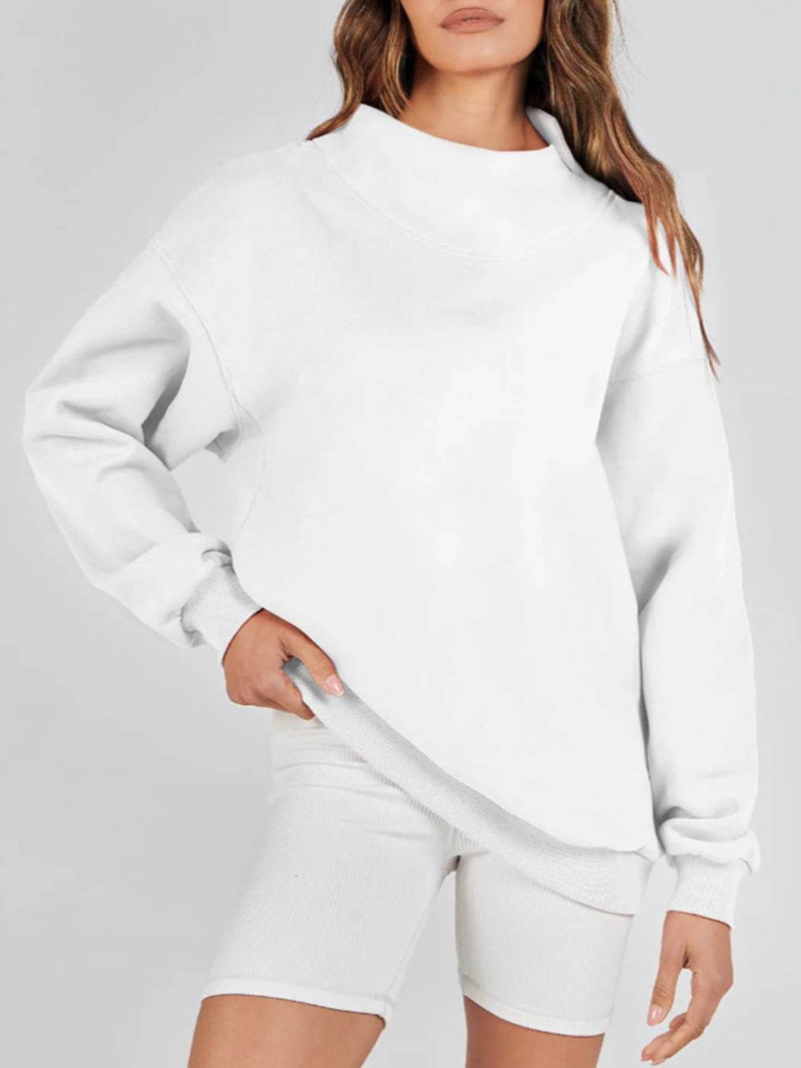 Mock Neck Drop Shoulder Long Sleeve Sweatshirt - Hovatok