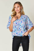 Double Take Full Size Printed V-Neck Short Sleeve Blouse - Hovatok