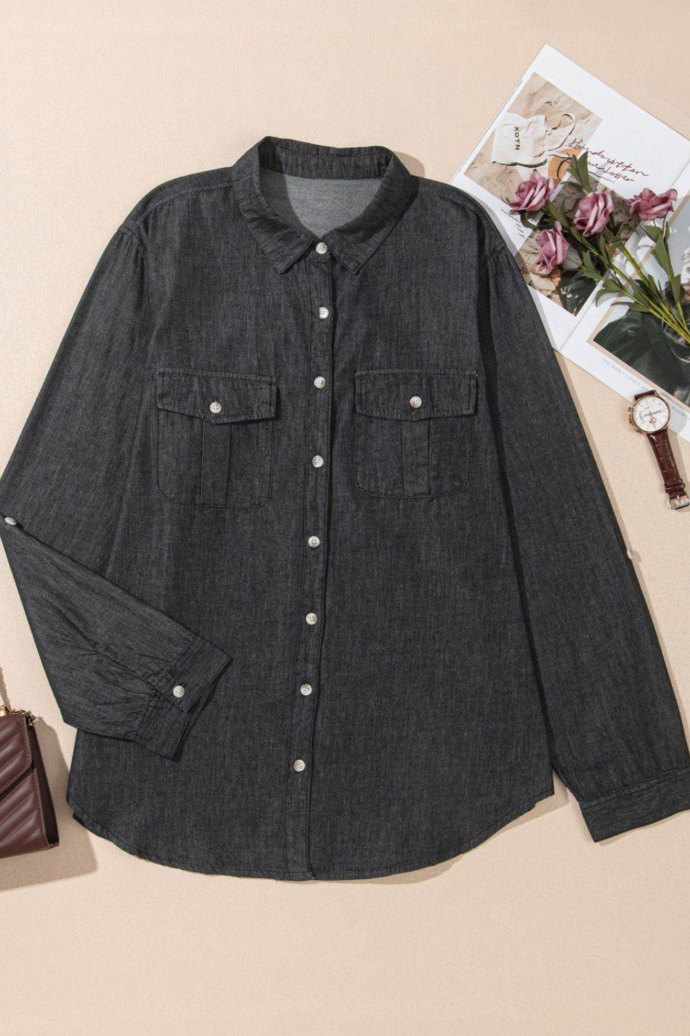Pocketed Collared Neck Long Sleeve Denim Top - Hovatok