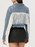Distressed Fringe Collared Neck Cropped Denim Top - Hovatok