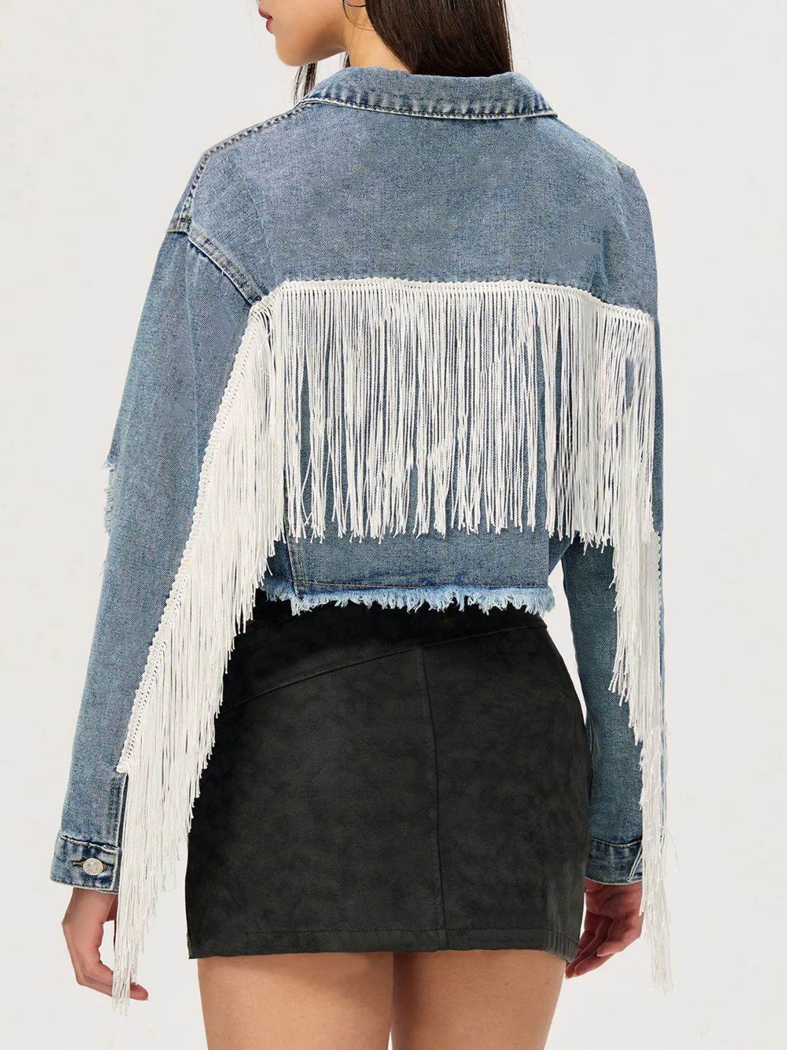 Distressed Fringe Collared Neck Cropped Denim Top - Hovatok
