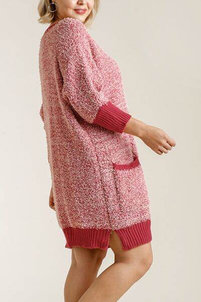 Umgee Full Size Ribbed Hem Round Neck 3/4 Sleeve Sweater Dress with Pockets Plus Size - Hovatok