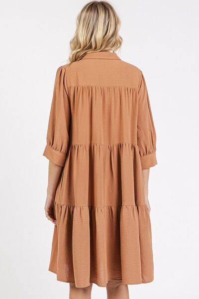 Mittoshop Button Detail Collared Neck Tiered Shirt Dress - Hovatok