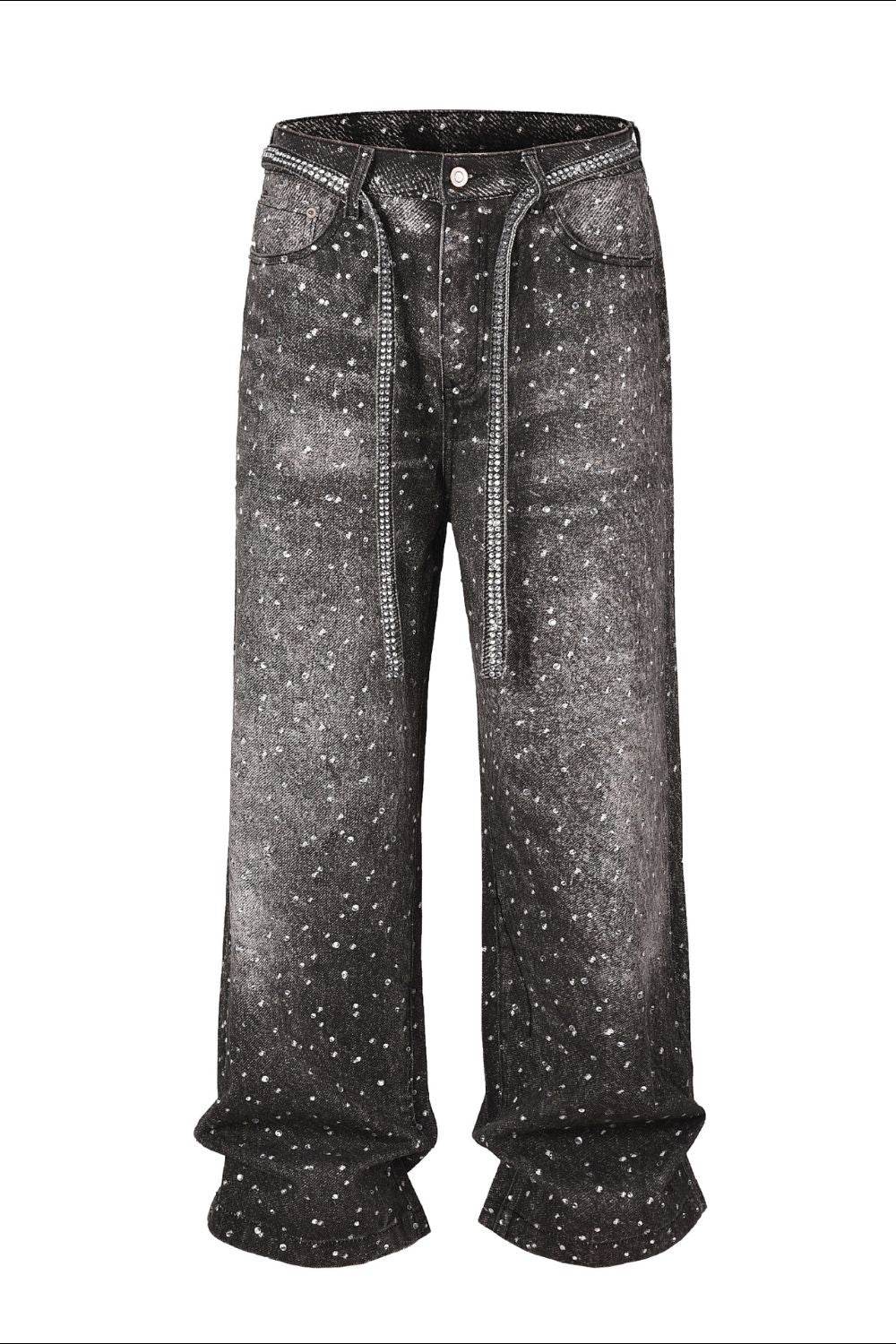 Men's Washed Rhinestone Jeans with Rhinestone Belt - Hovatok