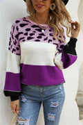 Angel Wings Color Block Round Neck Lantern Sleeve Sweater - Hovatok