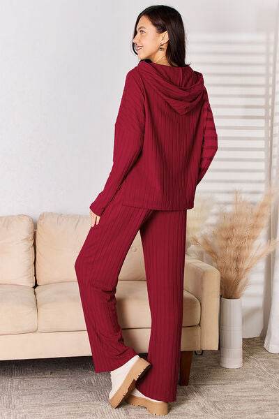 Basic Bae Full Size Ribbed Drawstring Hooded Top and Straight Pants Set - Hovatok
