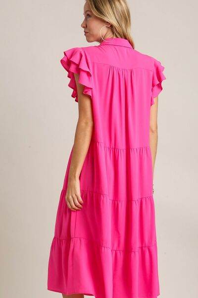Umgee Full Size Johnny Collar Ruffle Cap Sleeve Tiered Dress Plus Size - Hovatok