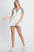 HeimishFull Size Leopard Round Neck Short Sleeve T-Shirt with Stitch Plus Size - Hovatok