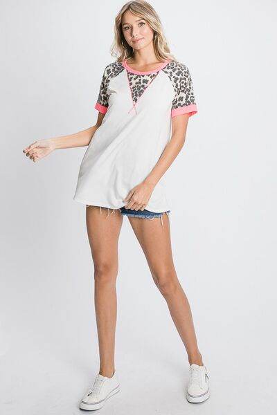 HeimishFull Size Leopard Round Neck Short Sleeve T-Shirt with Stitch Plus Size - Hovatok