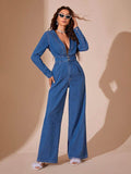 Plunge Long Sleeve Wide Leg Denim Jumpsuit - Hovatok