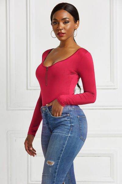 Half Zip Scoop Neck Long Sleeve Bodysuit - Hovatok