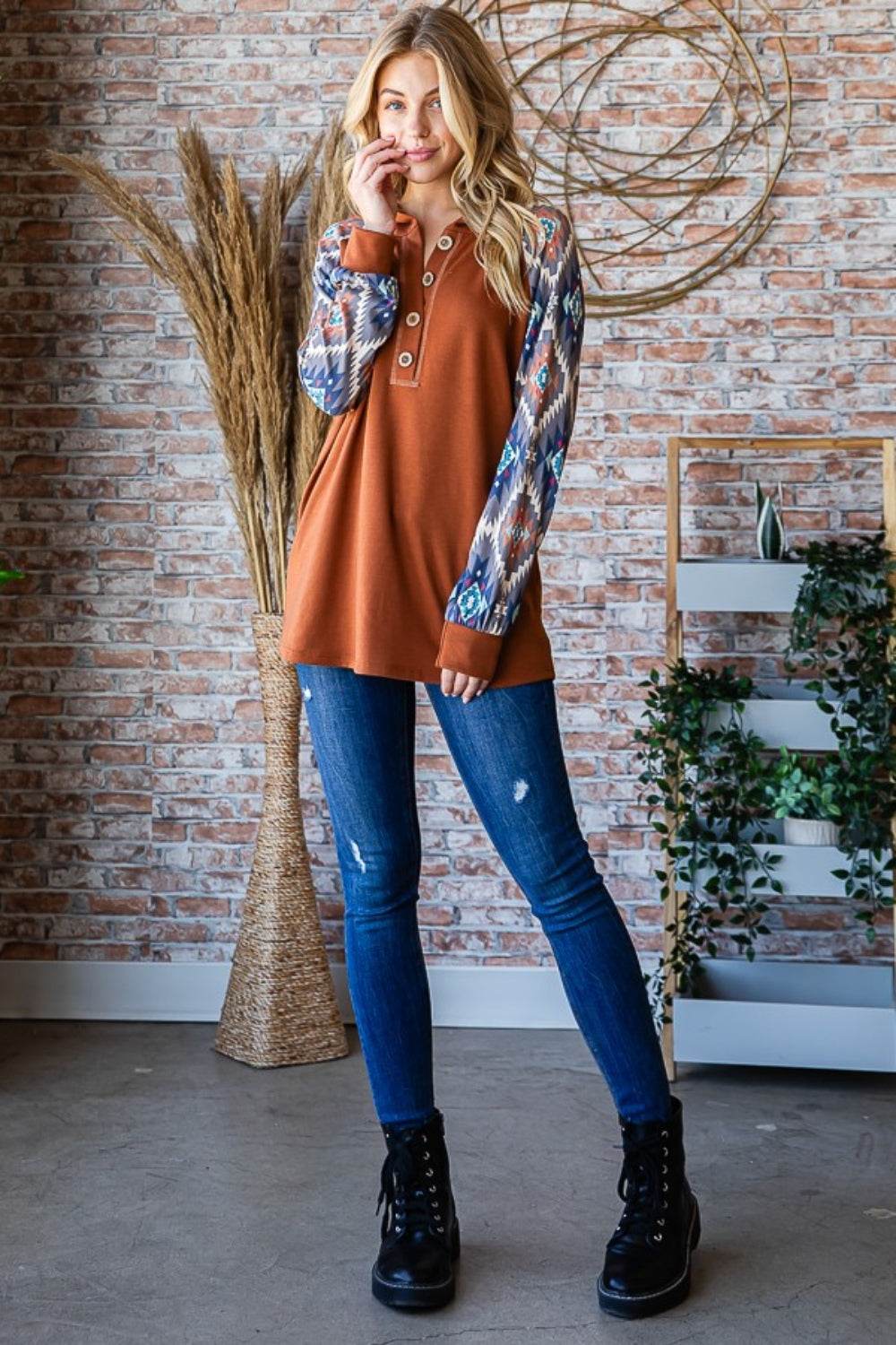 Heimish Full Size Half Button Printed Long Sleeve Hooded Top - Hovatok