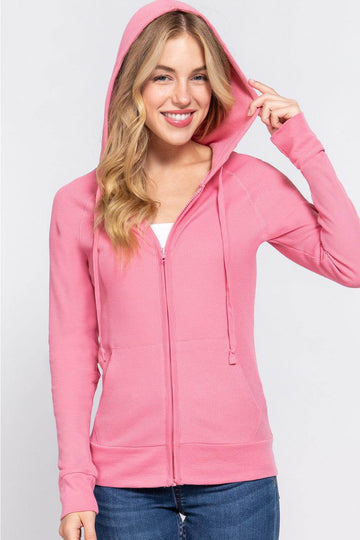 ACTIVE BASIC Waffle Knit Drawstring Zip Up Long Sleeve Hoodie - Hovatok