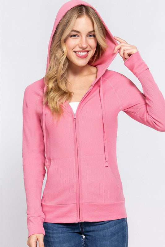 ACTIVE BASIC Waffle Knit Drawstring Zip Up Long Sleeve Hoodie - Hovatok