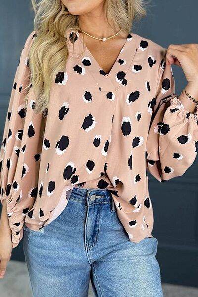 Contrast Animal Print V-Neck Long Sleeve Blouse - Hovatok