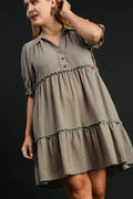 Umgee Full Size Plaid Frill Button Detail Ruffled Short Sleeve Dress Plus Size - Hovatok