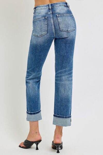 RISEN Full Size High Rise Crop Straight Roll Up Jeans - Hovatok
