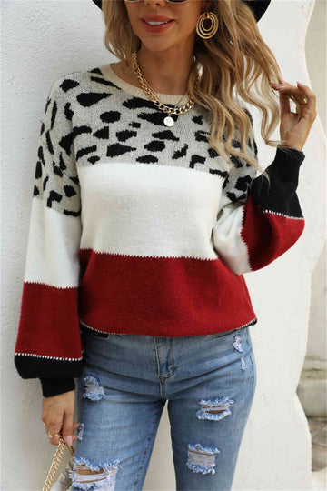 Angel Wings Color Block Round Neck Lantern Sleeve Sweater - Hovatok