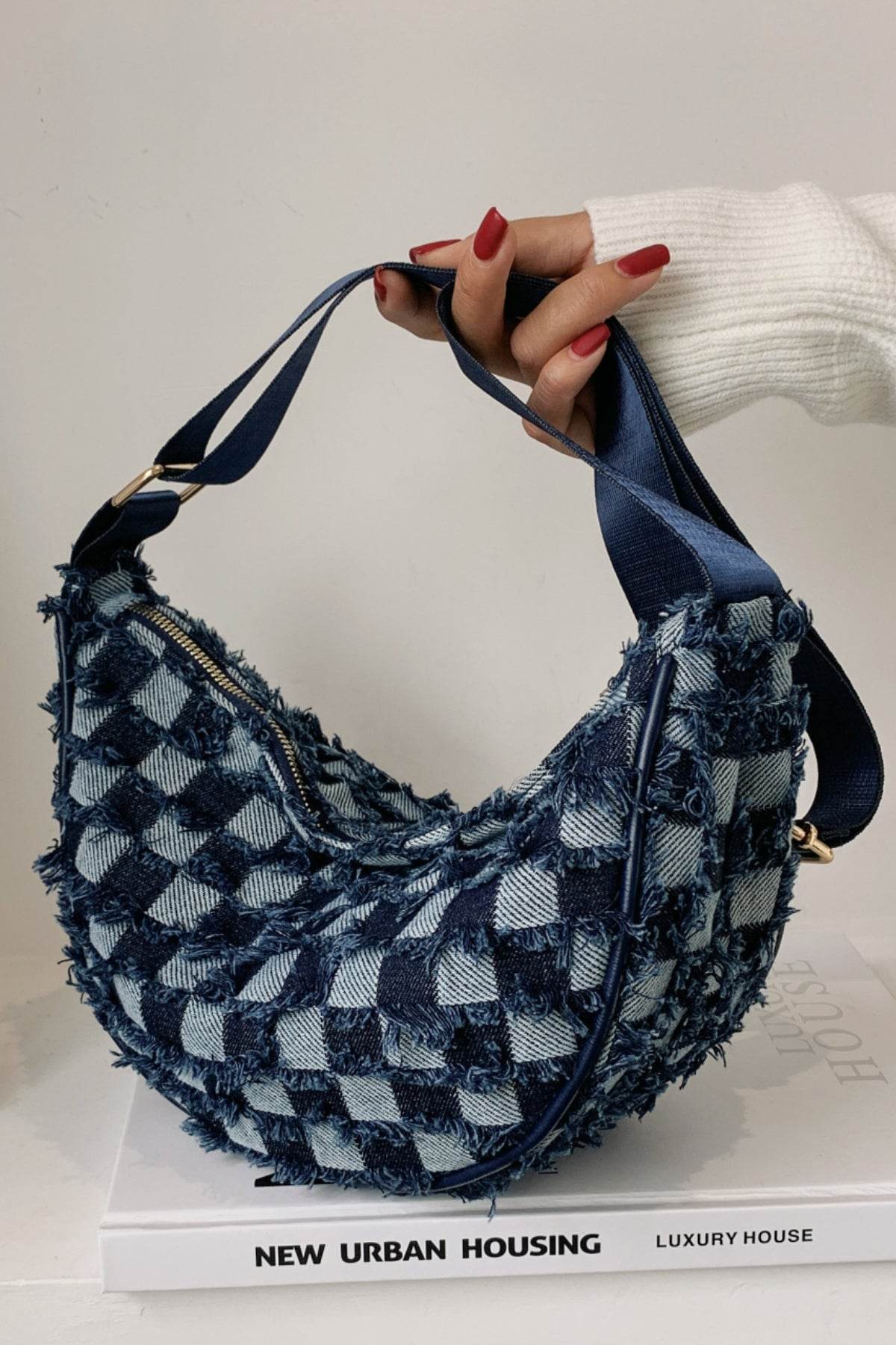 Raw Hem Checkered Denim Crossbody Bag - Hovatok
