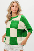 BiBi Checkered Contrast Round Neck Sweater - Hovatok