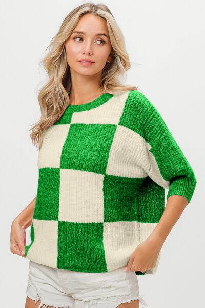 BiBi Checkered Contrast Round Neck Sweater - Hovatok