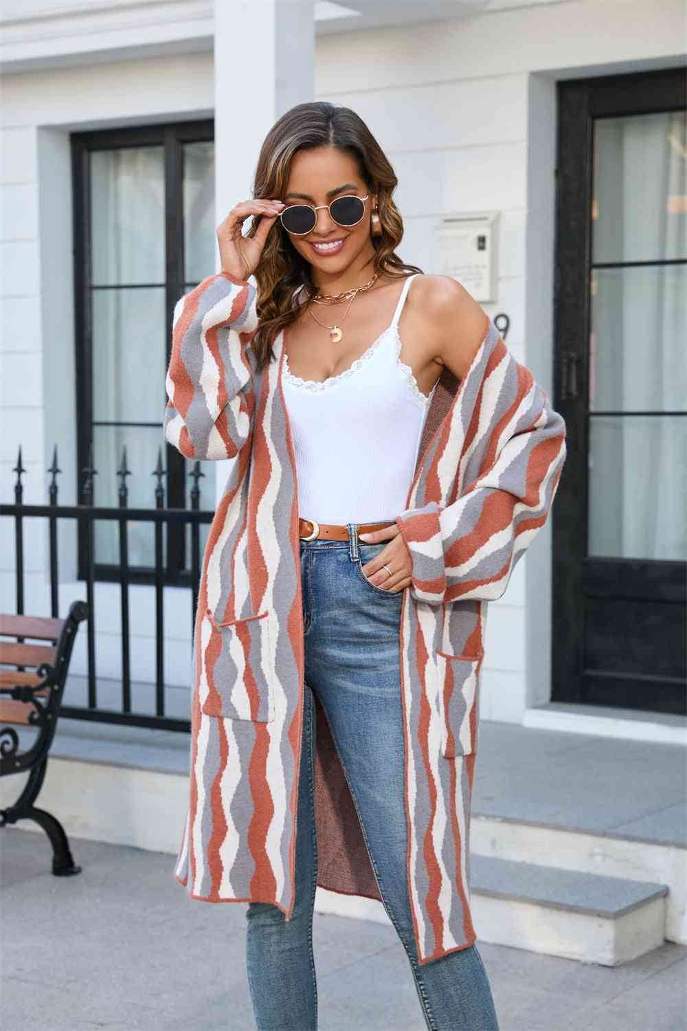 Angel Wings Printed Open Front Pocketed Cardigan - Hovatok