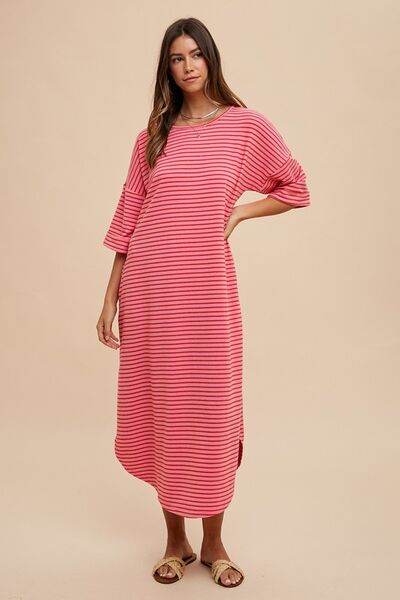Annie Wear Striped Round Neck Terry Midi Dress - Hovatok