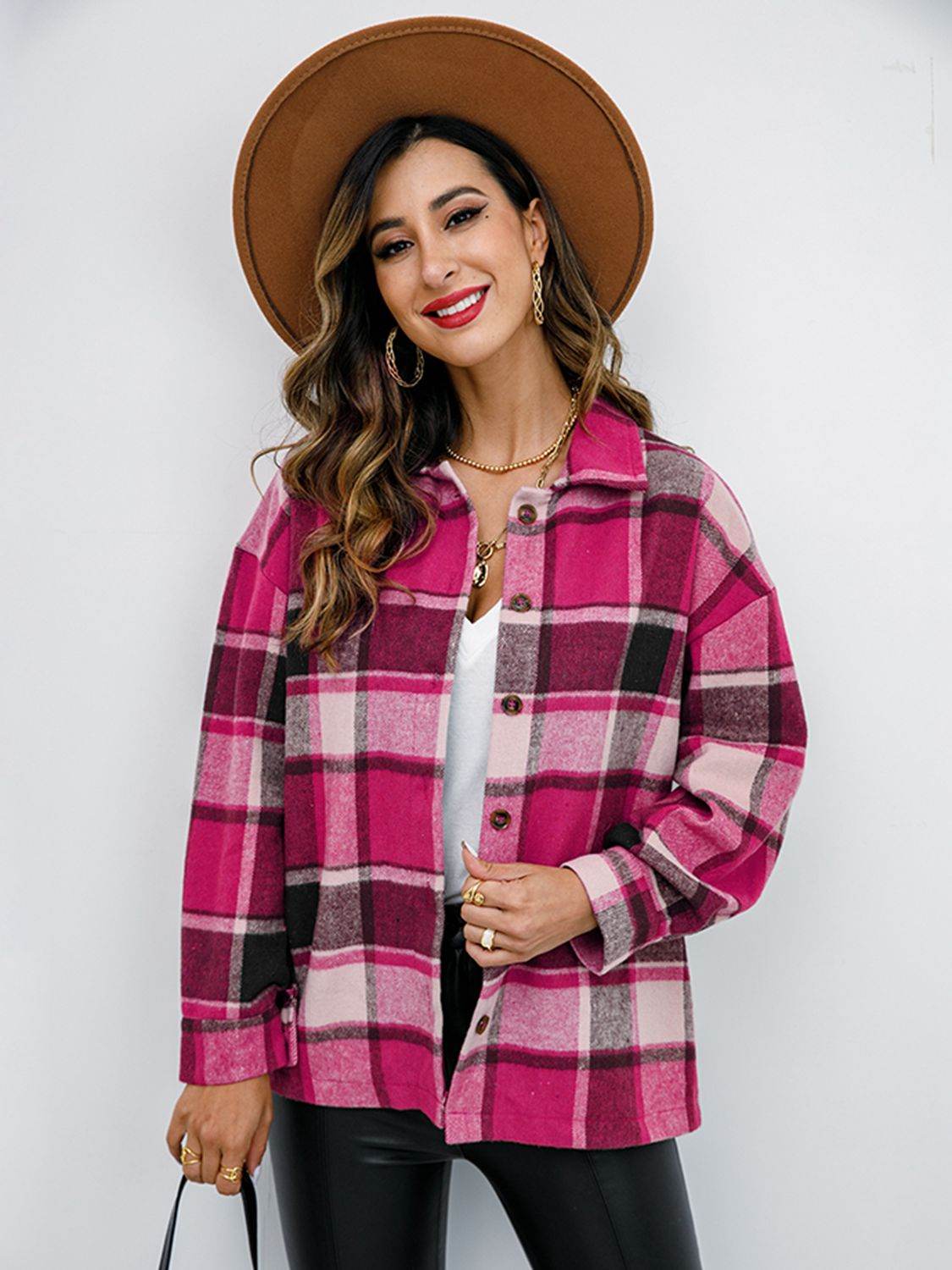 Shiny Plaid Button Up Collared Neck Jacket - Hovatok