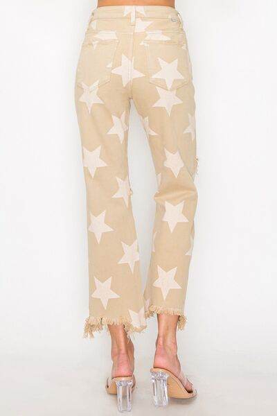 RISEN Full Size High Rise Star Printed Frayed Hem Jeans - Hovatok